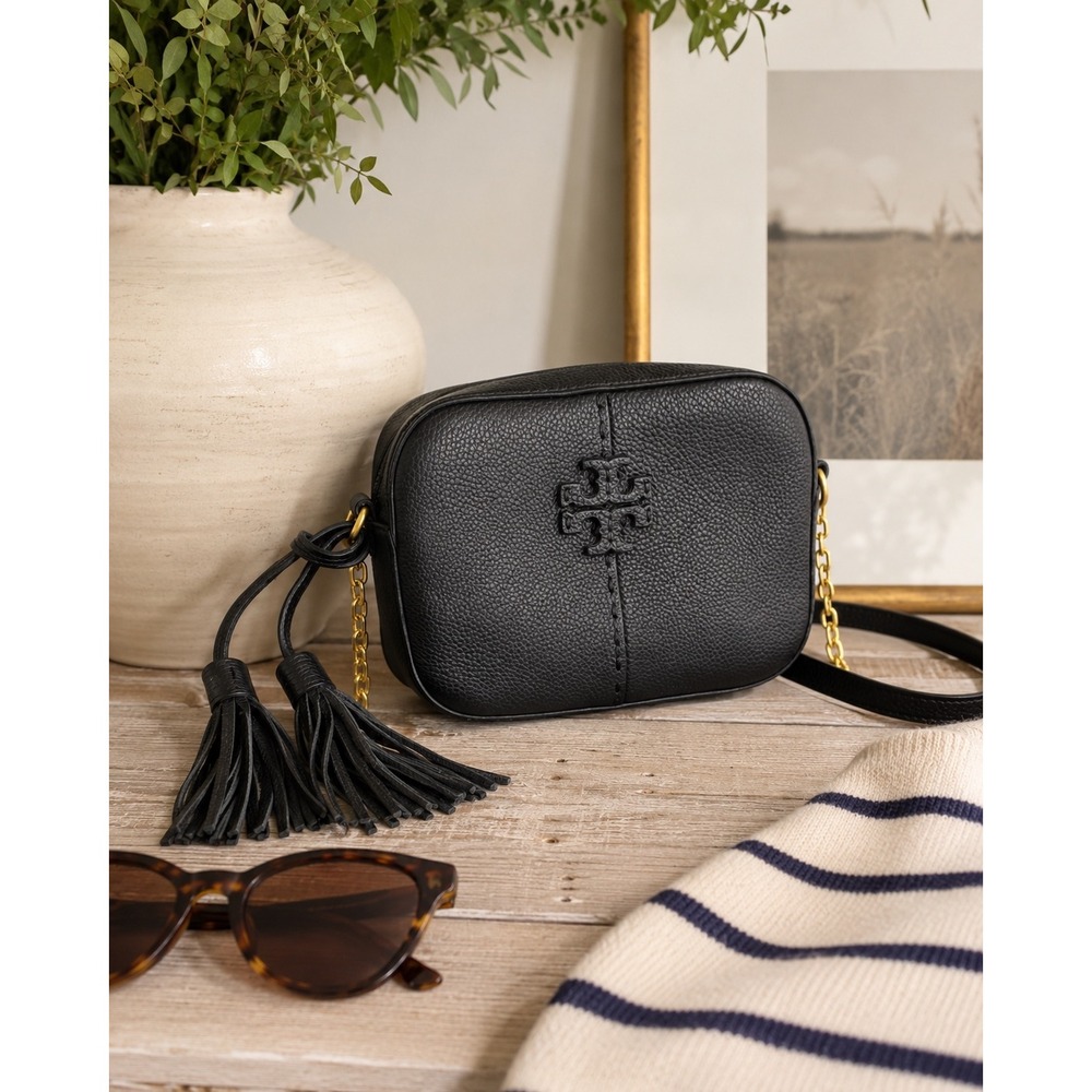 Tory Burch McGraw Black Pebbled Leather Camera Crossbody Bag with Tassel